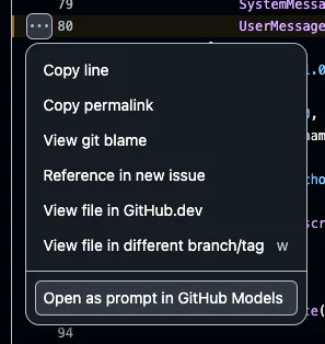 Menu Open as prompt in GitHub Models từ tệp trong repository