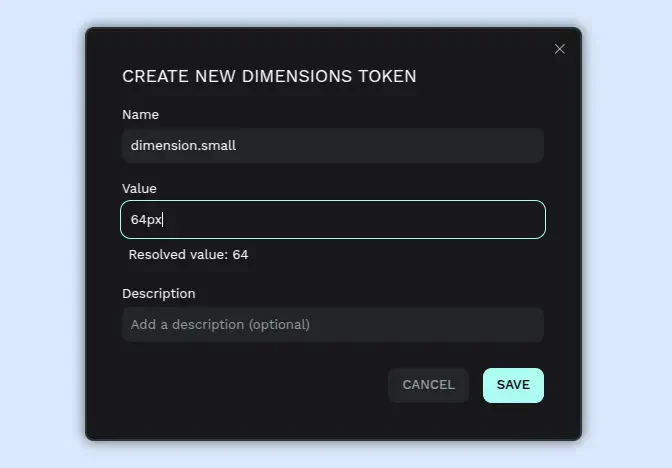 Hộp thoại tạo dimension token trong Penpot với tên, giá trị và đơn vị