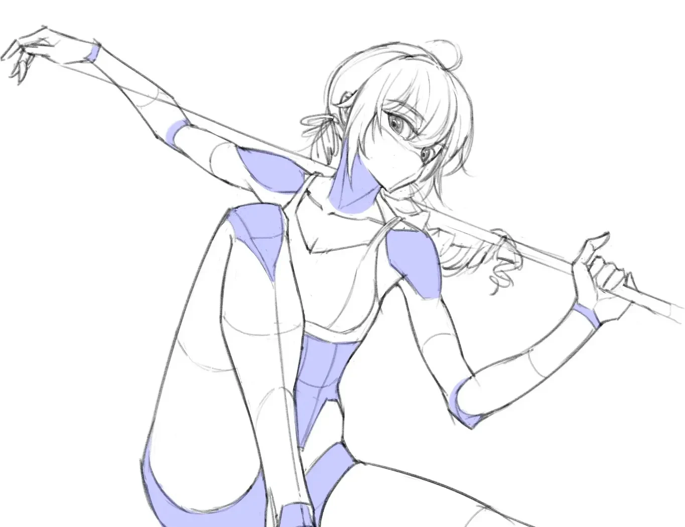 Cận cảnh thân trên của nhân vật anime trong pose ngồi, thể hiện trục vai, cổ, cánh tay mở rộng và hai tay tương tác với vũ khí dài.