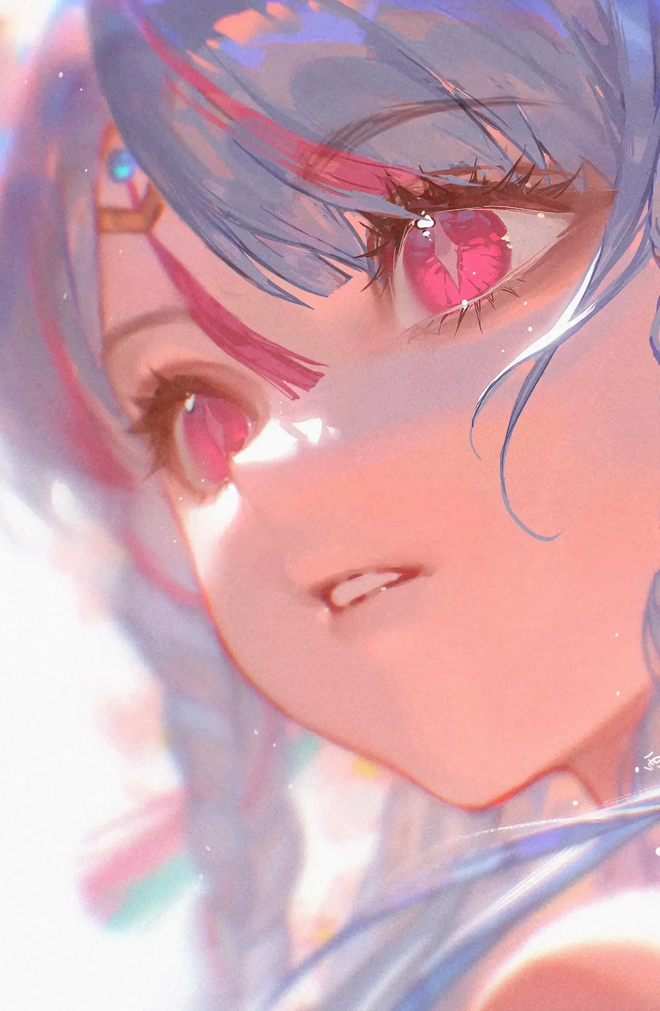 Cận cảnh tranh anime hoàn thiện với mắt hồng phát sáng, da mềm, tóc xanh tím và hiệu ứng ánh sáng viền.