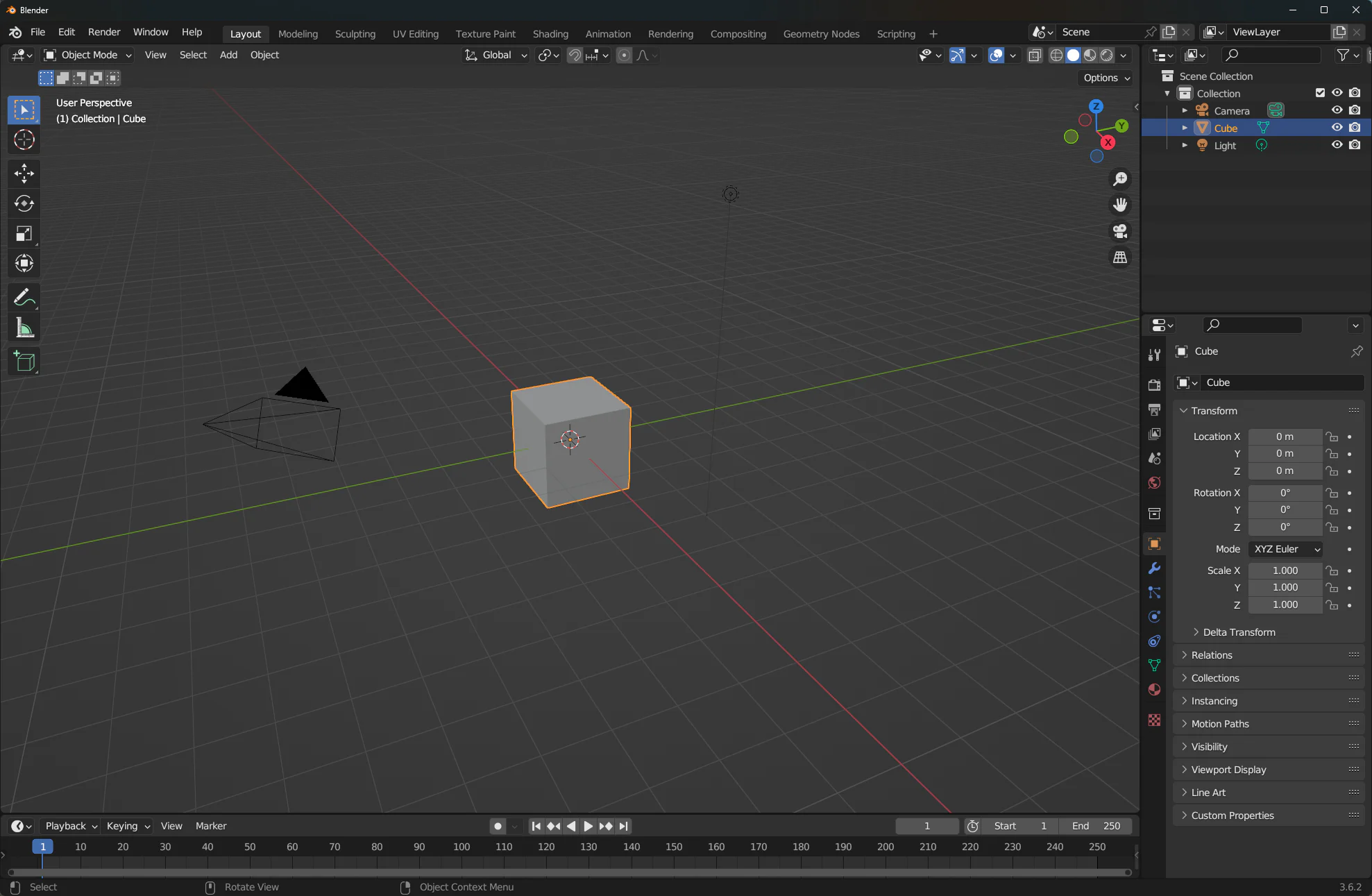 Layout workspace của Blender với khối lập phương mặc định, Outliner, Properties và Timeline