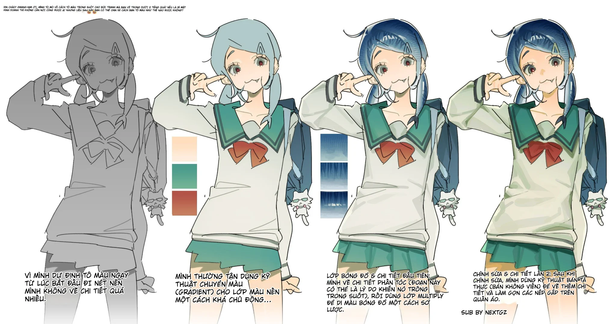 Bảng tổng quan bốn giai đoạn tô màu nhân vật anime từ sketch grayscale, flat color, render lần một đến hoàn thiện.