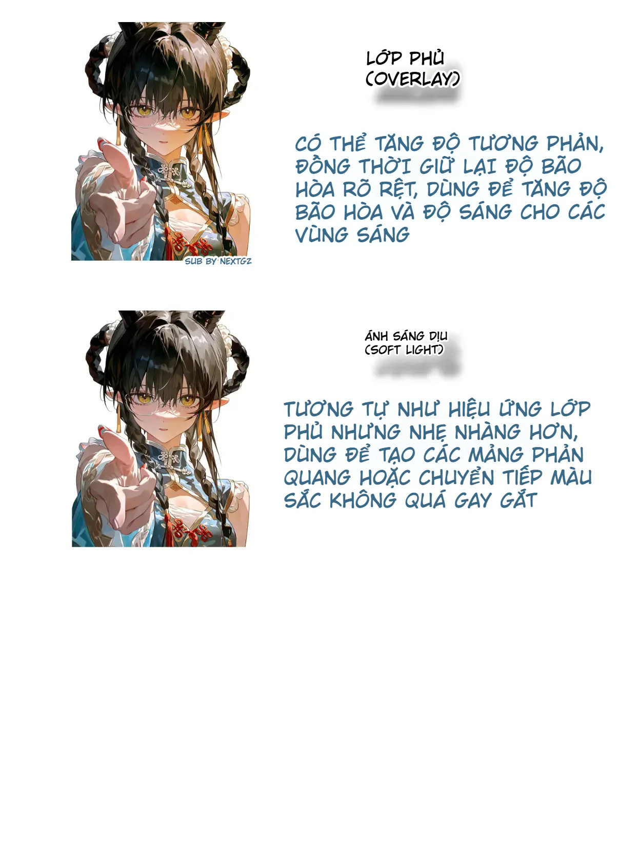 So sánh tác dụng của chế độ hòa trộn Overlay và Soft Light trên tranh nhân vật anime, nhấn mạnh độ tương phản, độ bão hòa và chuyển sắc ánh sáng.