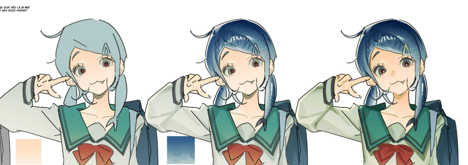 So sánh khuôn mặt và tóc nhân vật anime qua ba giai đoạn flat color, render lần một và chỉnh sửa hoàn thiện.