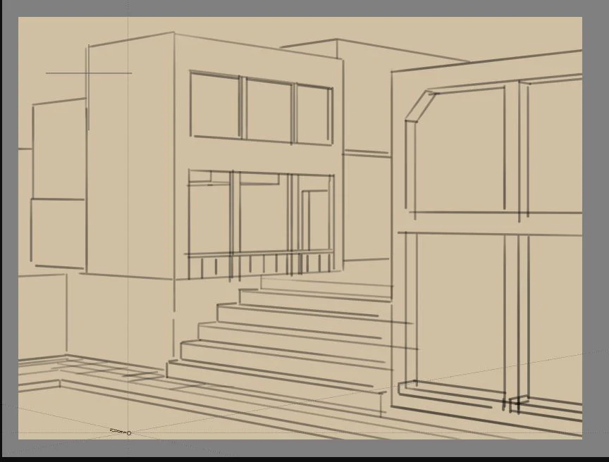 Sketch kiến trúc hai điểm tụ trong Krita với hai cụm trợ lý