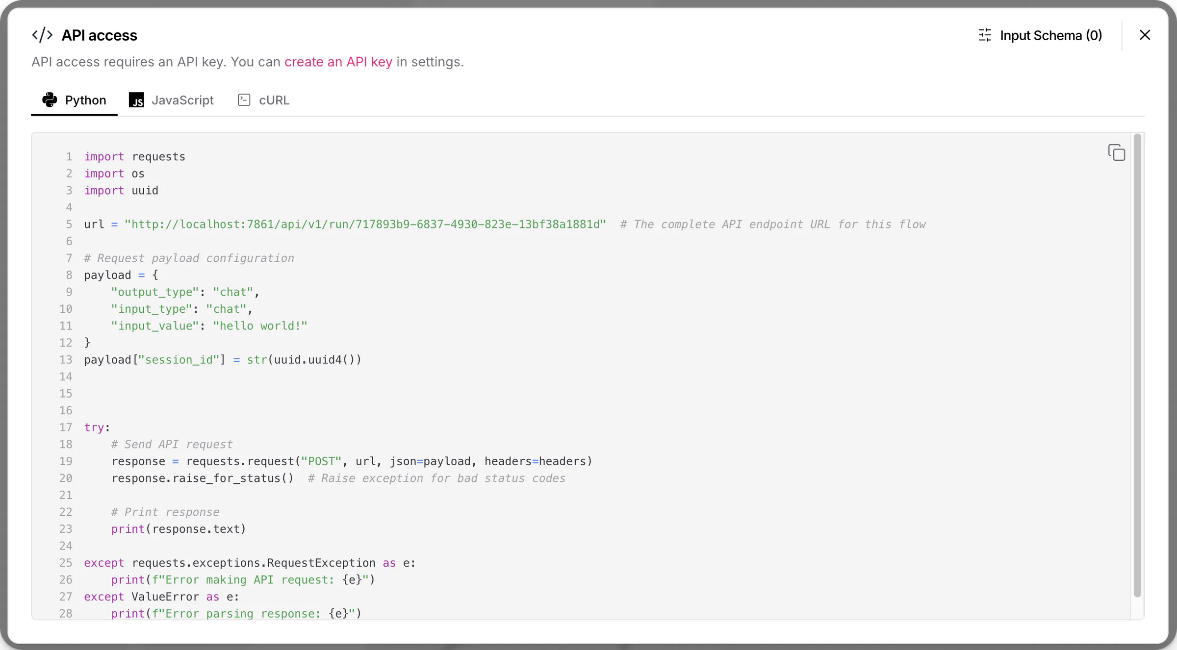 Bảng API access của Langflow tạo mã Python, JavaScript và cURL để gọi flow.