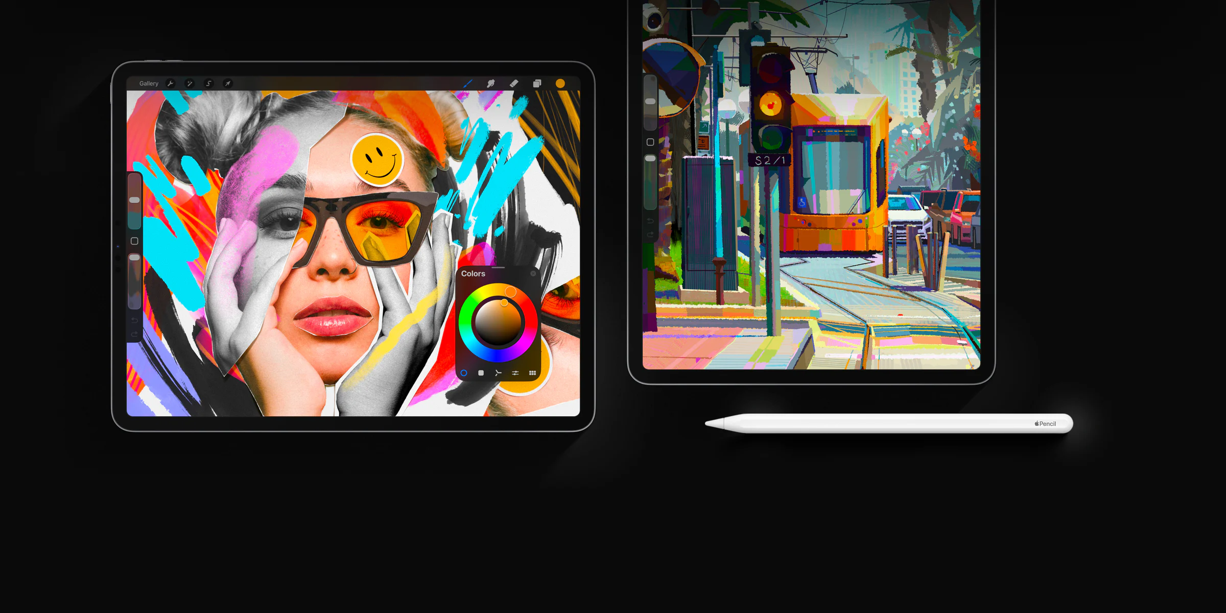 Procreate hiển thị trên hai iPad cùng Apple Pencil trong không gian sáng tác digital art