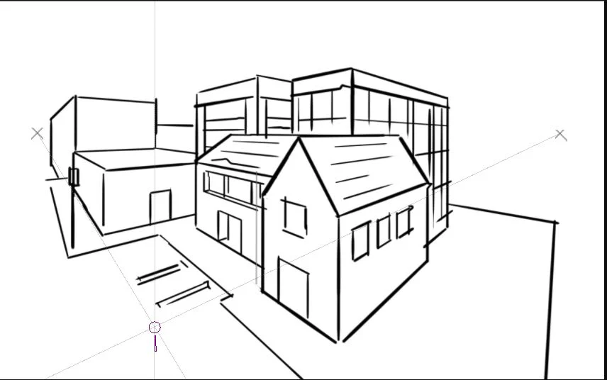 Các điểm tụ Drawing Assistant trong Krita dựng một cụm nhà theo phối cảnh