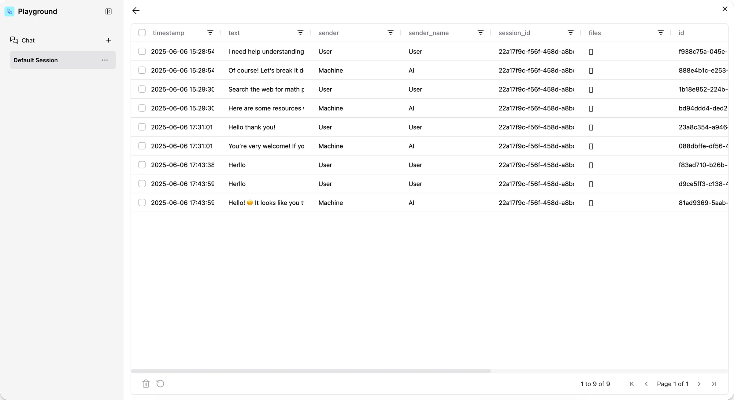 Bảng Message Logs trong Langflow Playground với dữ liệu phiên và nội dung tin nhắn.