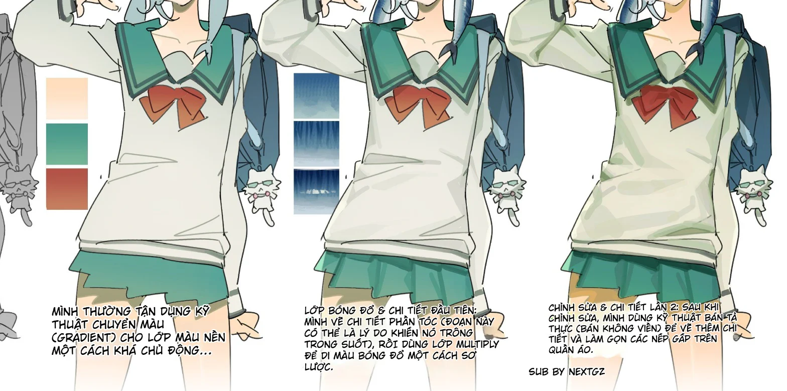 So sánh cổ áo thủy thủ, nơ và nếp áo của nhân vật anime từ flat color đến render và chỉnh sửa cuối.
