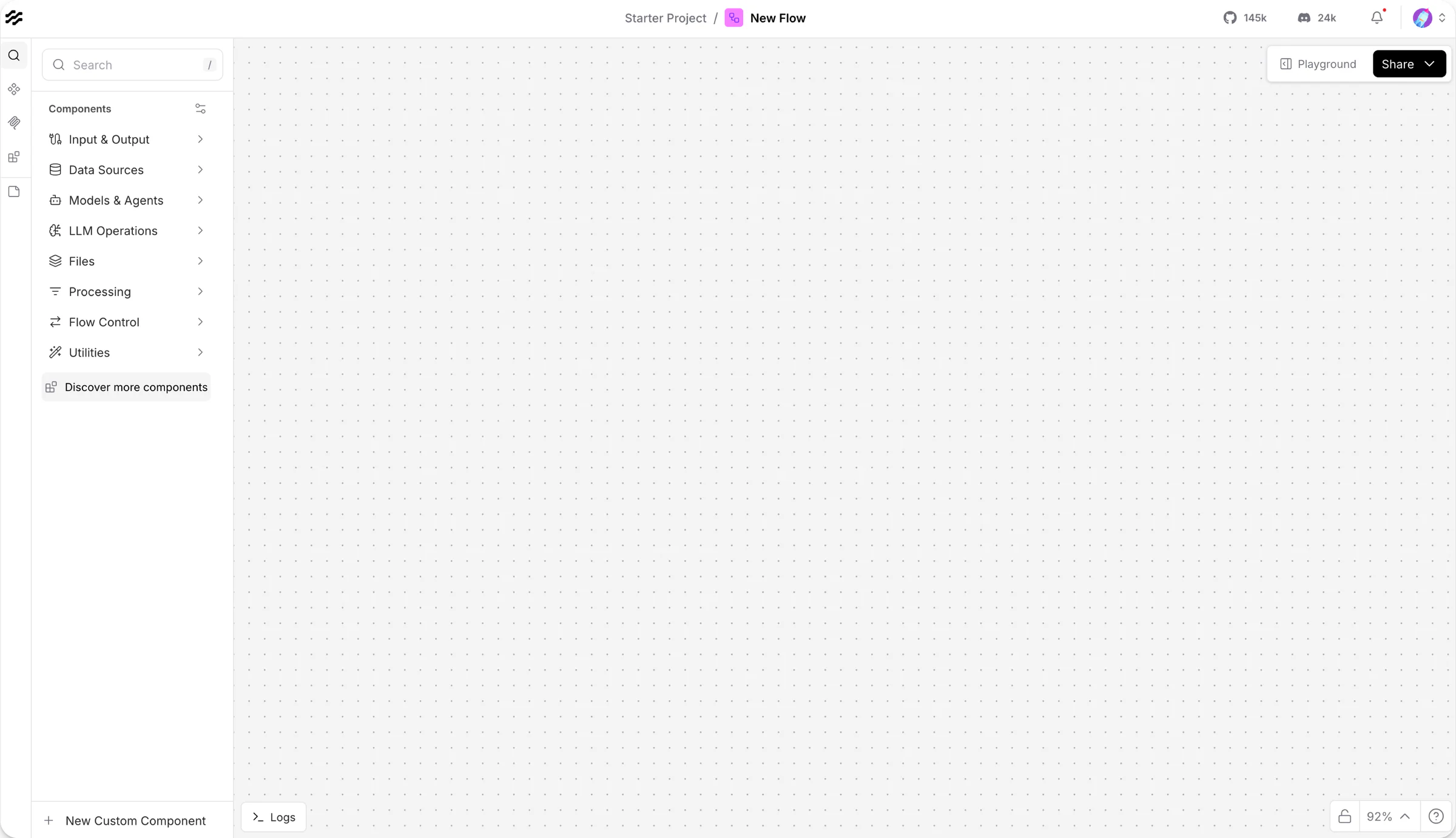 Giao diện Langflow visual editor với thư viện component, canvas, Playground, Share và Logs.