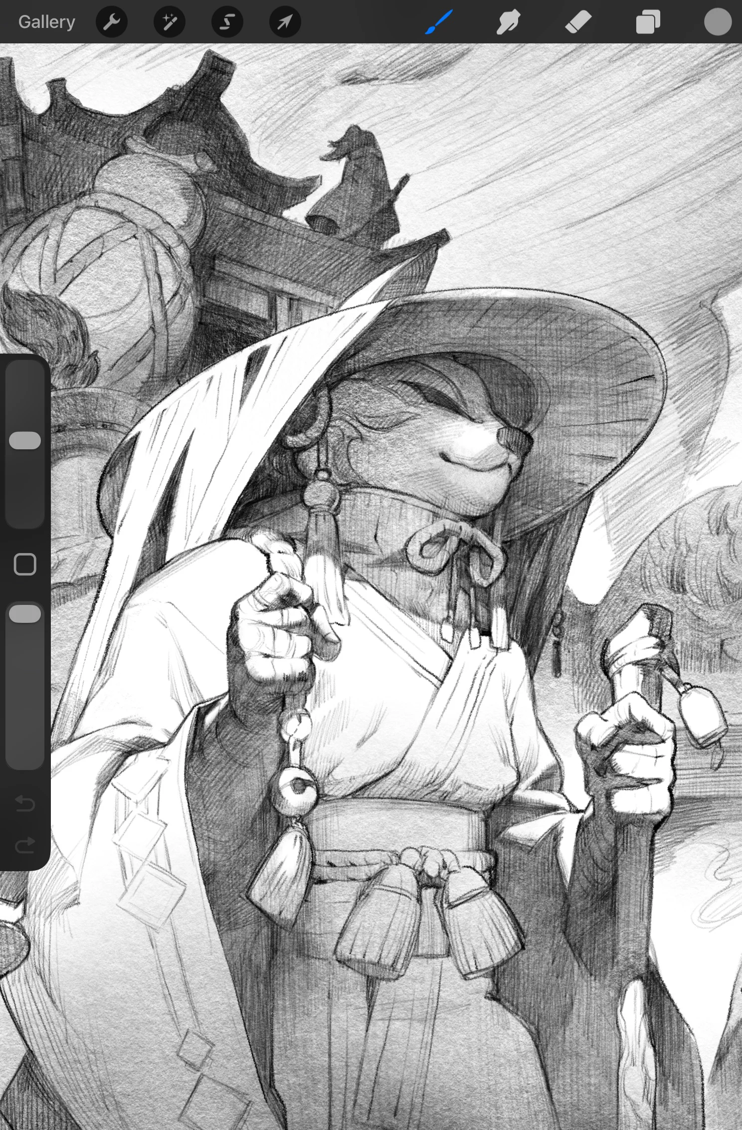 Bản phác thảo nhân vật trong Procreate minh họa cách dùng nhóm cọ Pencil và Sketch