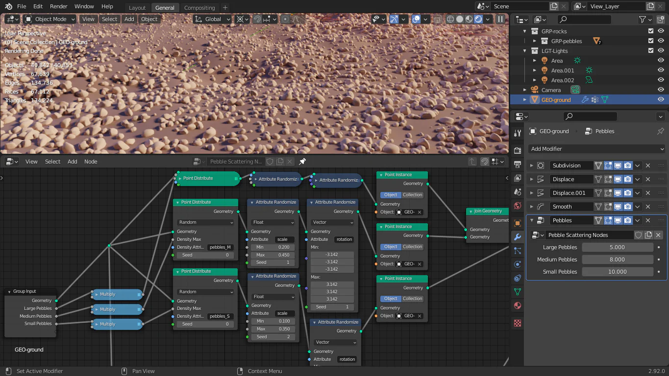 Geometry Node Editor trong Blender với mạng node tạo sỏi thủ tục và bảng modifier