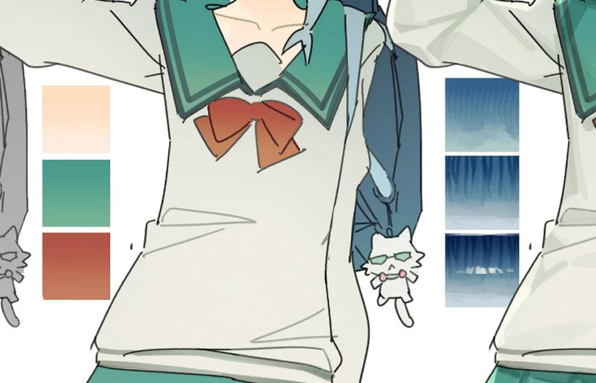 Bảng màu da, xanh ngọc, đỏ cam và các dải tham khảo chuyển sắc dùng để render tóc nhân vật anime.