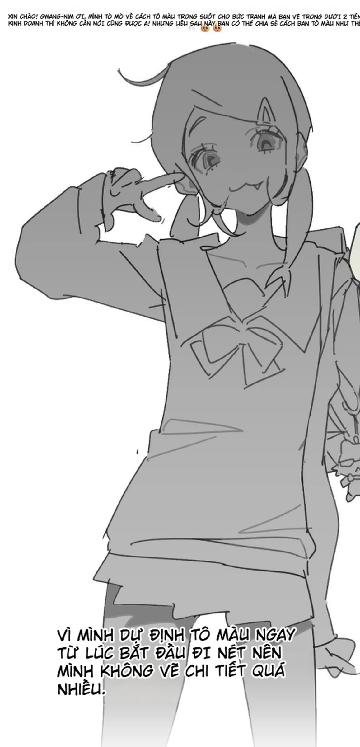 Giai đoạn sketch grayscale và line art của nhân vật anime trước khi bắt đầu tô màu.