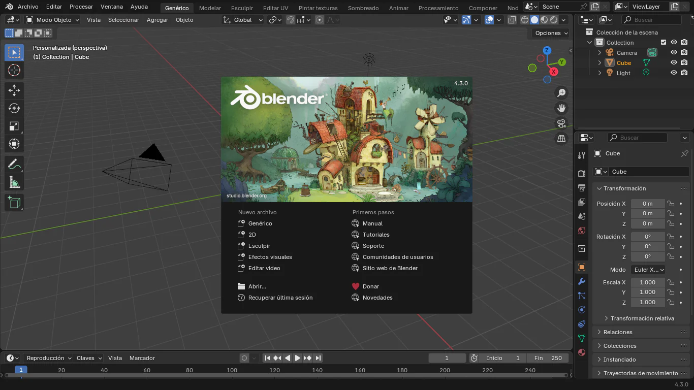Màn hình khởi động Blender 4.3 nằm giữa giao diện 3D Viewport và các bảng điều khiển