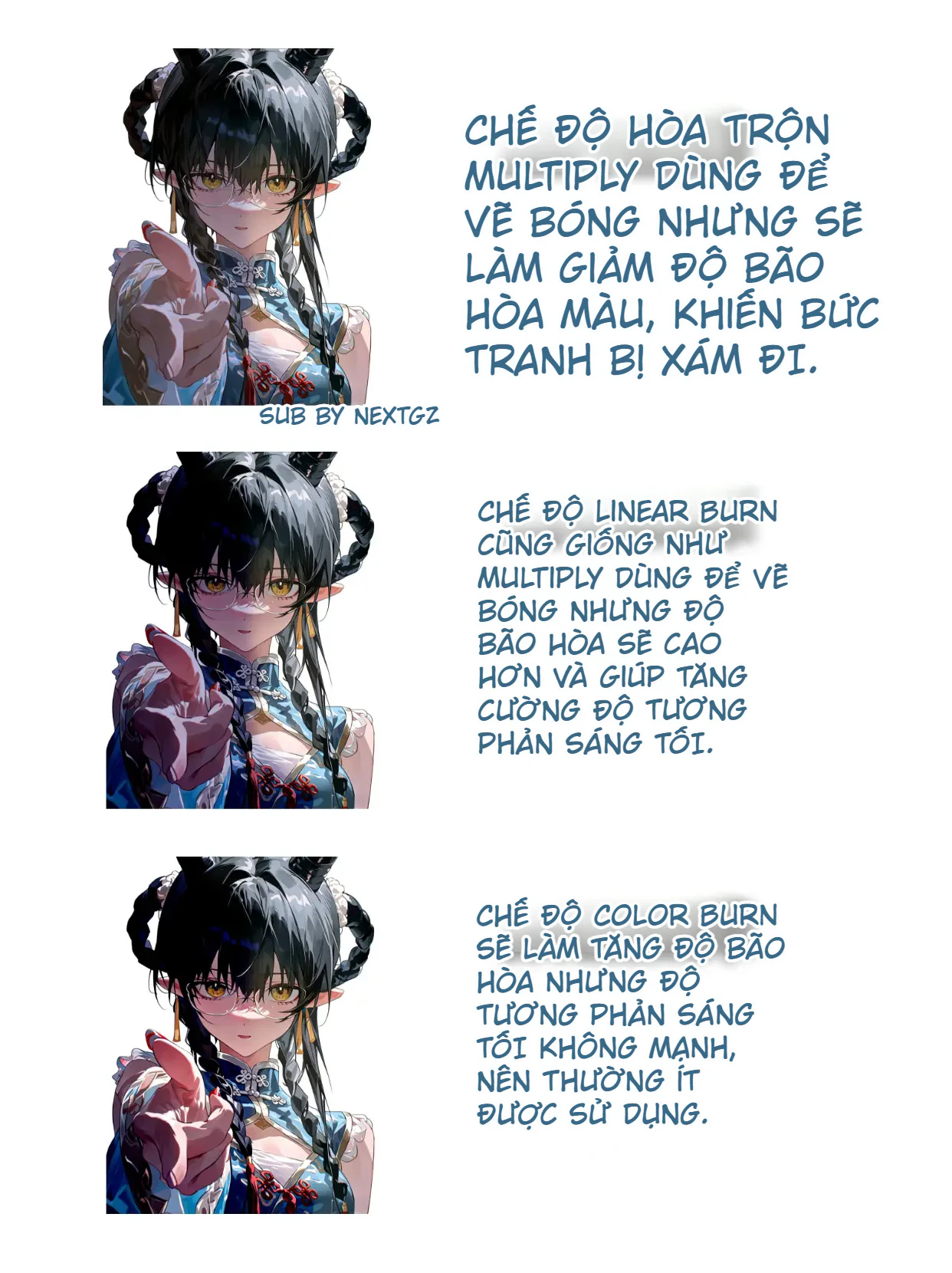 So sánh Multiply, Linear Burn và Color Burn khi dùng để vẽ bóng cho tranh anime, thể hiện khác biệt về độ tối, độ bão hòa và tương phản.