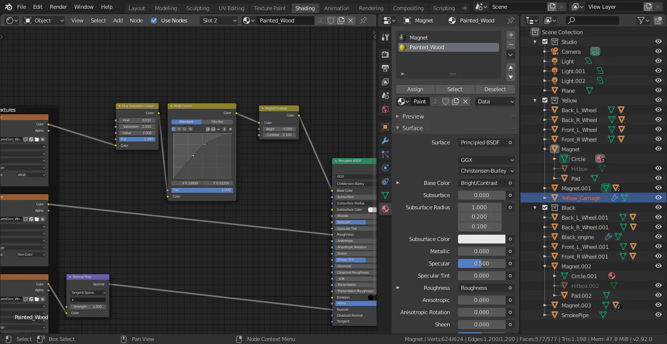 Shader Editor trong Blender với mạng node vật liệu, Material Properties và Outliner