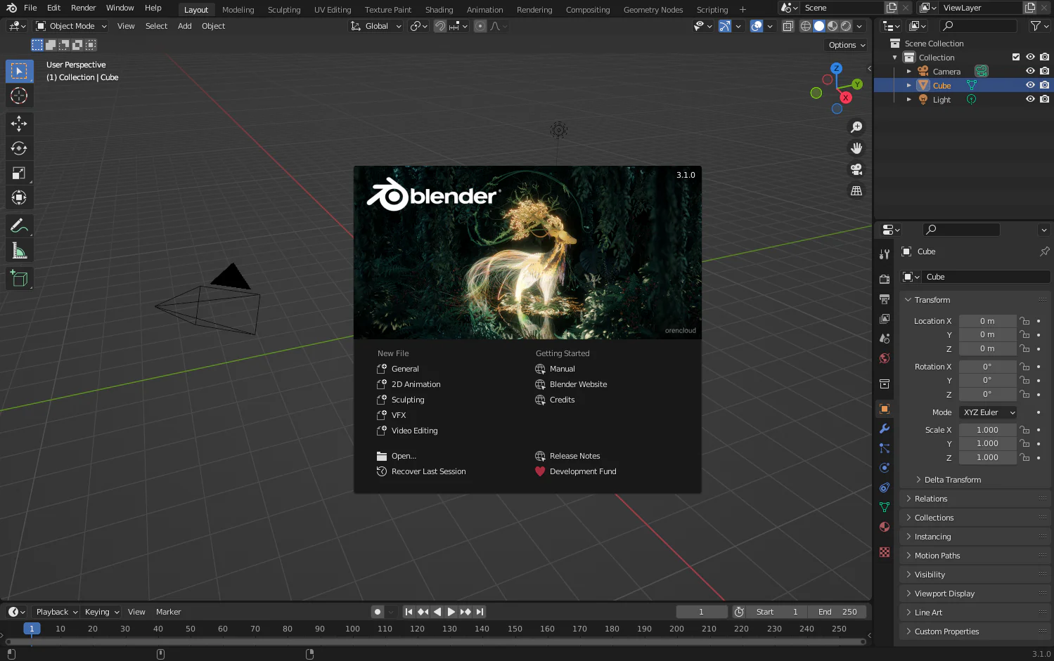 Màn hình khởi động Blender với các template General, 2D Animation, Sculpting, VFX và Video Editing