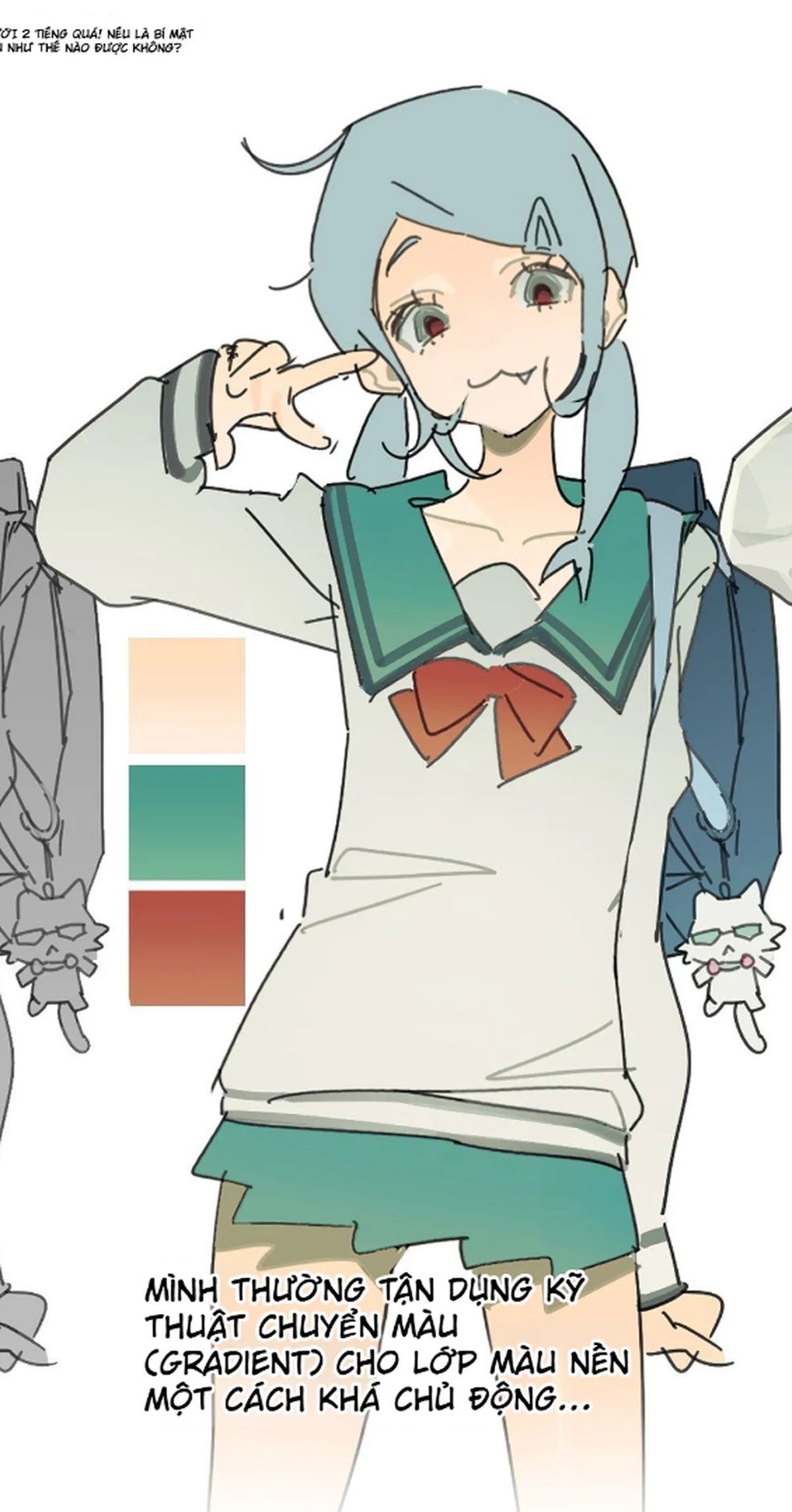 Giai đoạn flat color của nhân vật anime với bảng màu da, xanh ngọc và đỏ cam cùng kỹ thuật chuyển sắc nền.