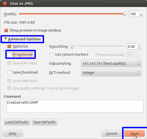 Hộp thoại xuất JPEG trong GIMP với các tùy chọn chất lượng và chế độ baseline
