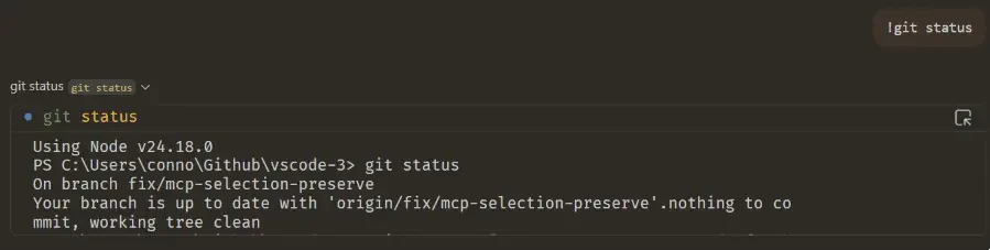 Chạy git status từ chat bằng tiền tố dấu chấm than