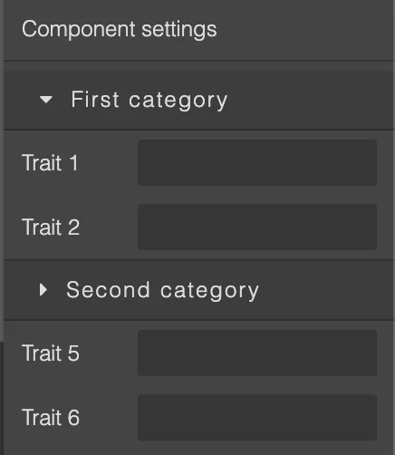 Các nhóm Trait có thể thu gọn trong Component Settings của GrapesJS