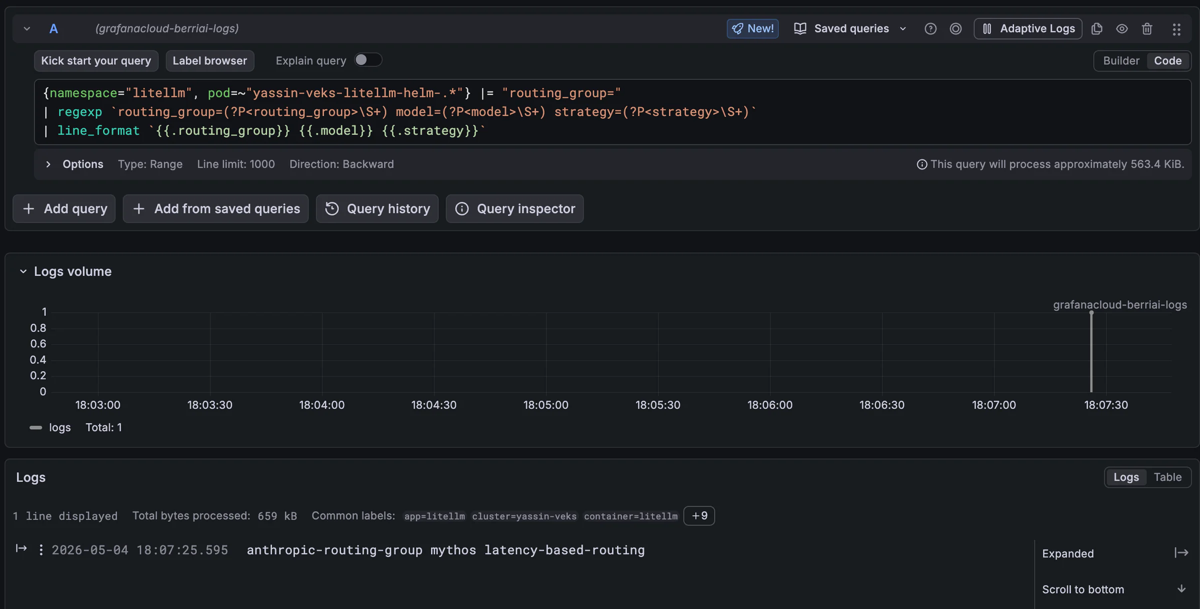 Log Grafana xác nhận LiteLLM chọn model và chiến lược của routing group