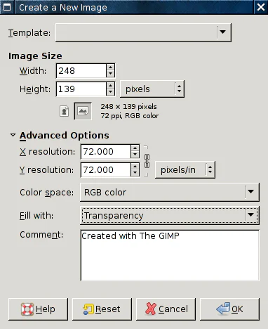 Hộp thoại tạo ảnh mới trong GIMP 2.6 với chiều rộng, chiều cao và thiết lập nâng cao
