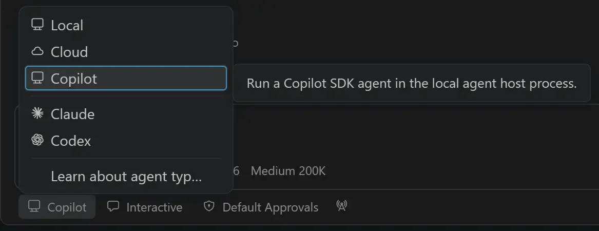 Menu chọn Copilot Claude hoặc Codex trong VS Code agent host