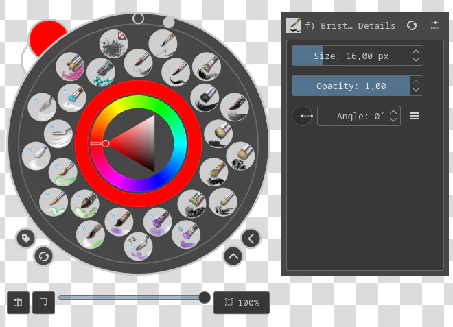 Popup Palette của Krita 5.0 mở bằng chuột phải với vòng chọn brush và màu