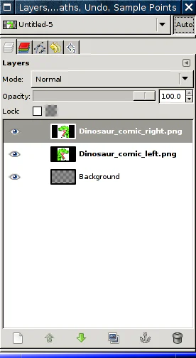 Bảng Layers của GIMP 2.6 với nhiều layer, biểu tượng hiển thị và nền trong suốt