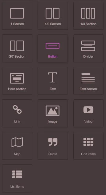 Bảng Blocks của GrapesJS với section, button, text, image và video