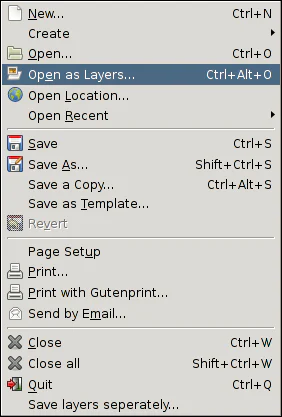 Menu File của GIMP 2.6 với lệnh Open as Layers được chọn