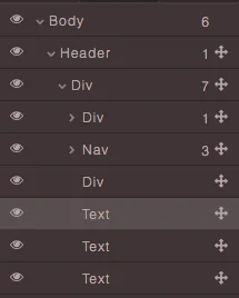 Cây Layers GrapesJS thể hiện Body, Header, Nav, Div và Text lồng nhau