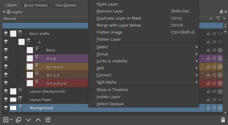 Docker Layers của Krita với menu quản lý layer và mask