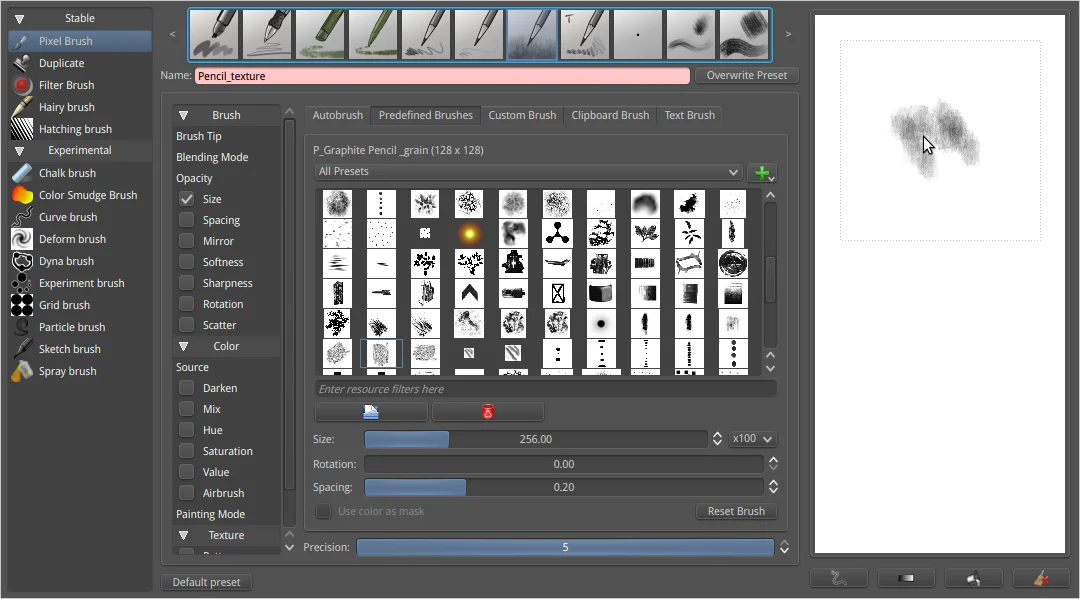 Brush Engine của Krita ở chế độ chỉnh brush tip và thông số preset
