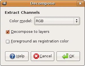 Hộp thoại Decompose của GIMP với lựa chọn mô hình màu để tách kênh