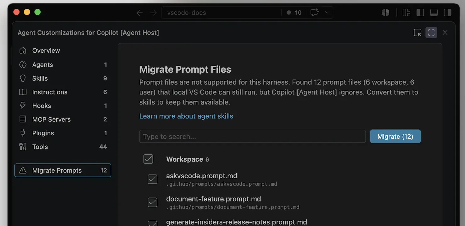 Giao diện chuyển prompt files thành agent skills trong VS Code
