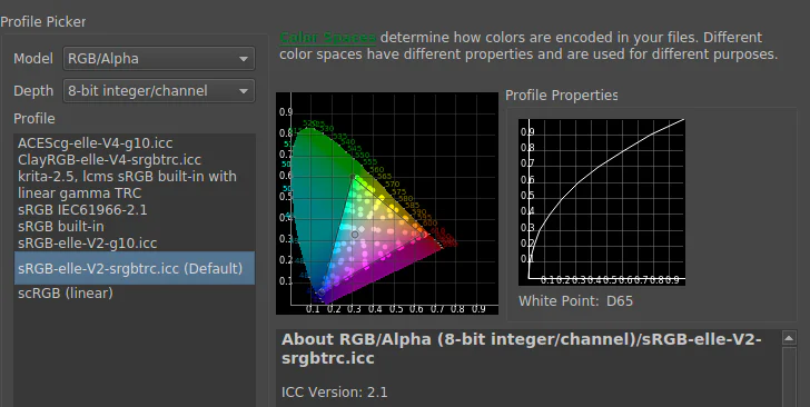 Hộp thoại chọn profile và color space trong Krita