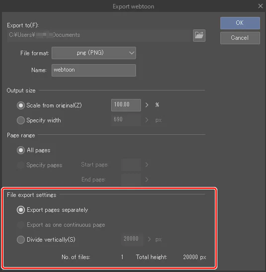 Hộp thoại Export webtoon với ba lựa chọn xuất trang trong Clip Studio Paint