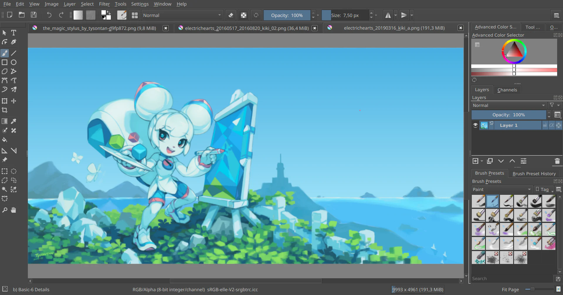 Giao diện Krita toàn màn hình với canvas, brush presets, layer và color selector