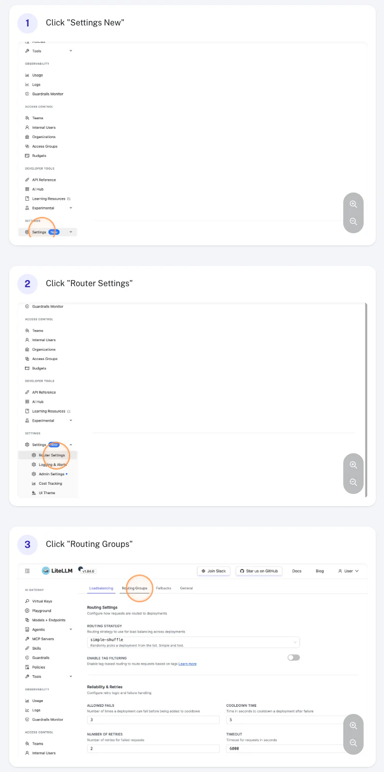 Trang Router Settings của LiteLLM với cấu hình chiến lược, retry và cooldown