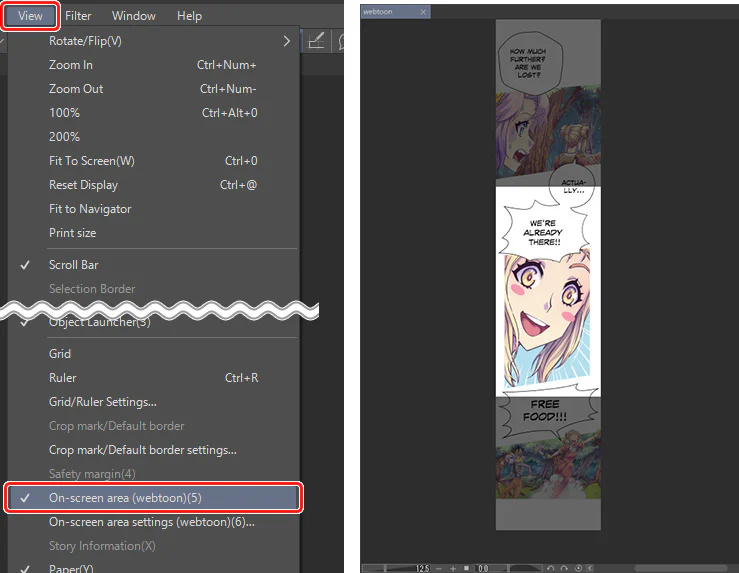 Menu View và khung On-screen area webtoon trong Clip Studio Paint