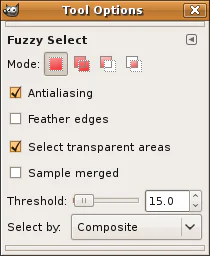 Bảng tùy chọn Fuzzy Select của GIMP với thiết lập ngưỡng và chế độ chọn vùng