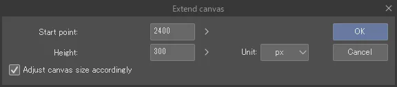 Hộp thoại Extend canvas với Start point và Height trong Clip Studio Paint