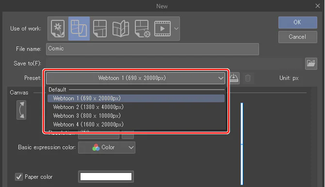 Hộp thoại New trong Clip Studio Paint với preset Webtoon được chọn