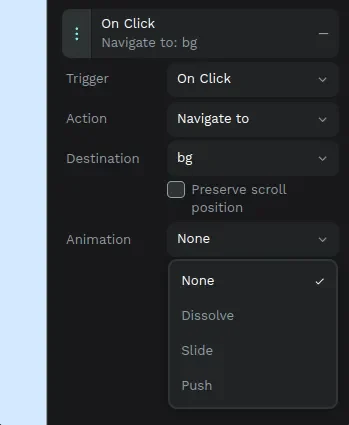 Bảng thiết lập animation và easing cho prototype trong Penpot