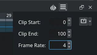 Hộp Animation Settings của Krita với Clip Start Clip End và Frame Rate