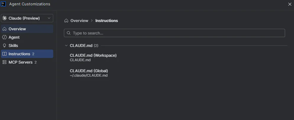 Bảng Agent Customizations của Claude trong GitHub Copilot JetBrains